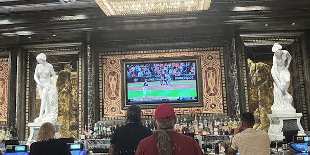 Several people are seated at a luxurious bar, with a large TV screen showing a sports game. The bar is elegantly decorated with ornate details and sculptures. The ceiling has a large, rectangular, crystal chandelier.